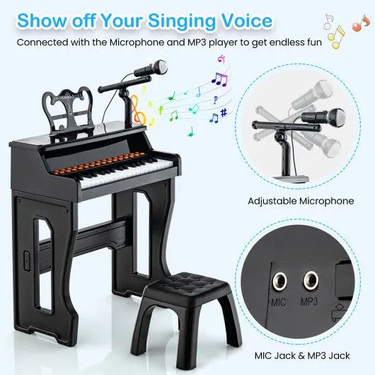 37 Keys Music Piano with Microphone Kids Piano Keyboard with Detachable Music Stand-Black