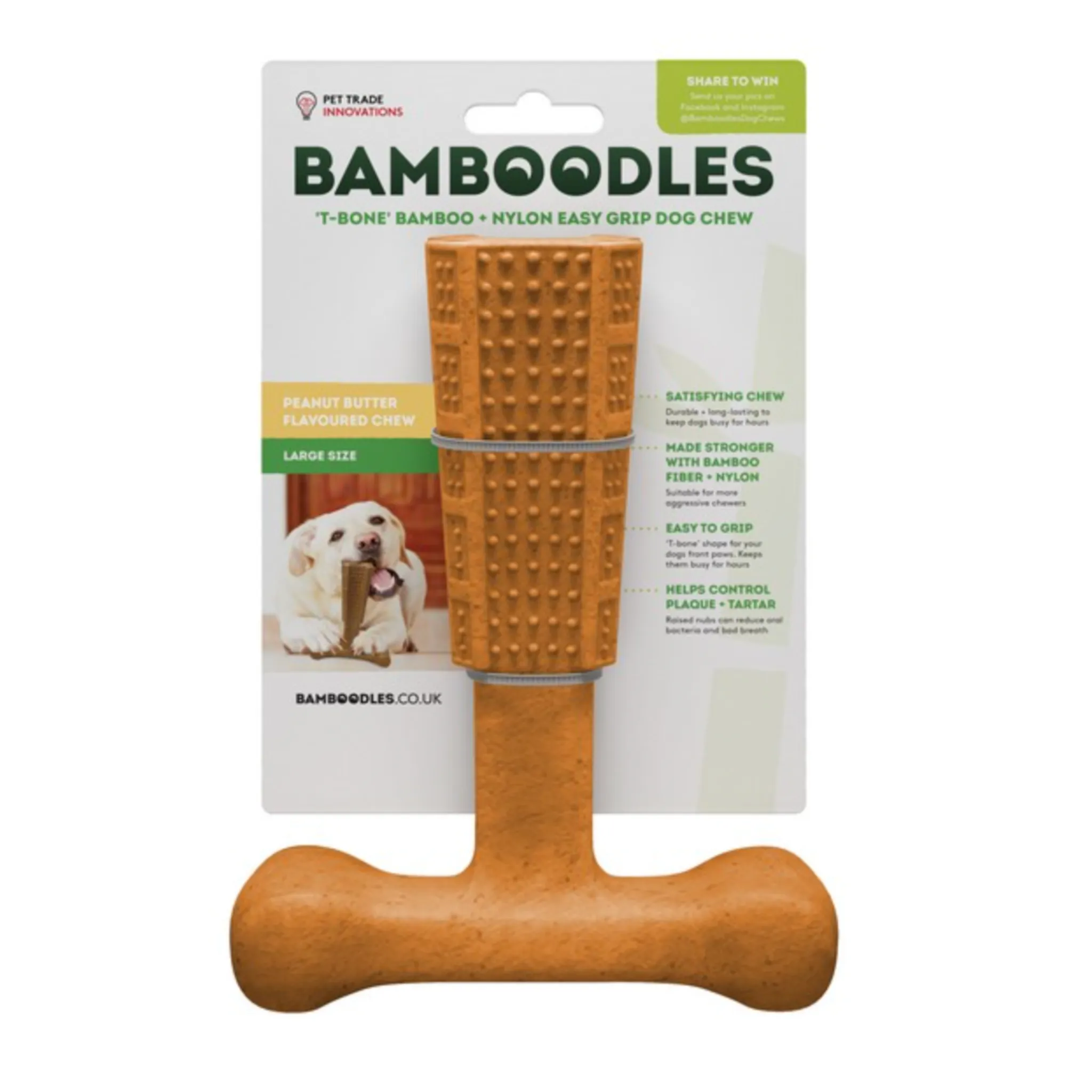 Bamboodles T-Bone Shape Tough Dog Chew Toy Easy To Grip With Paws, Available In 3 Flavours & Sizes