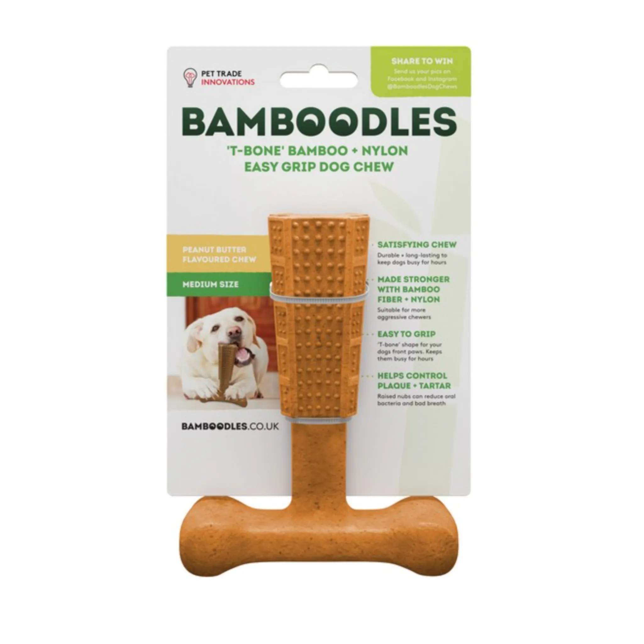 Bamboodles T-Bone Shape Tough Dog Chew Toy Easy To Grip With Paws, Available In 3 Flavours & Sizes