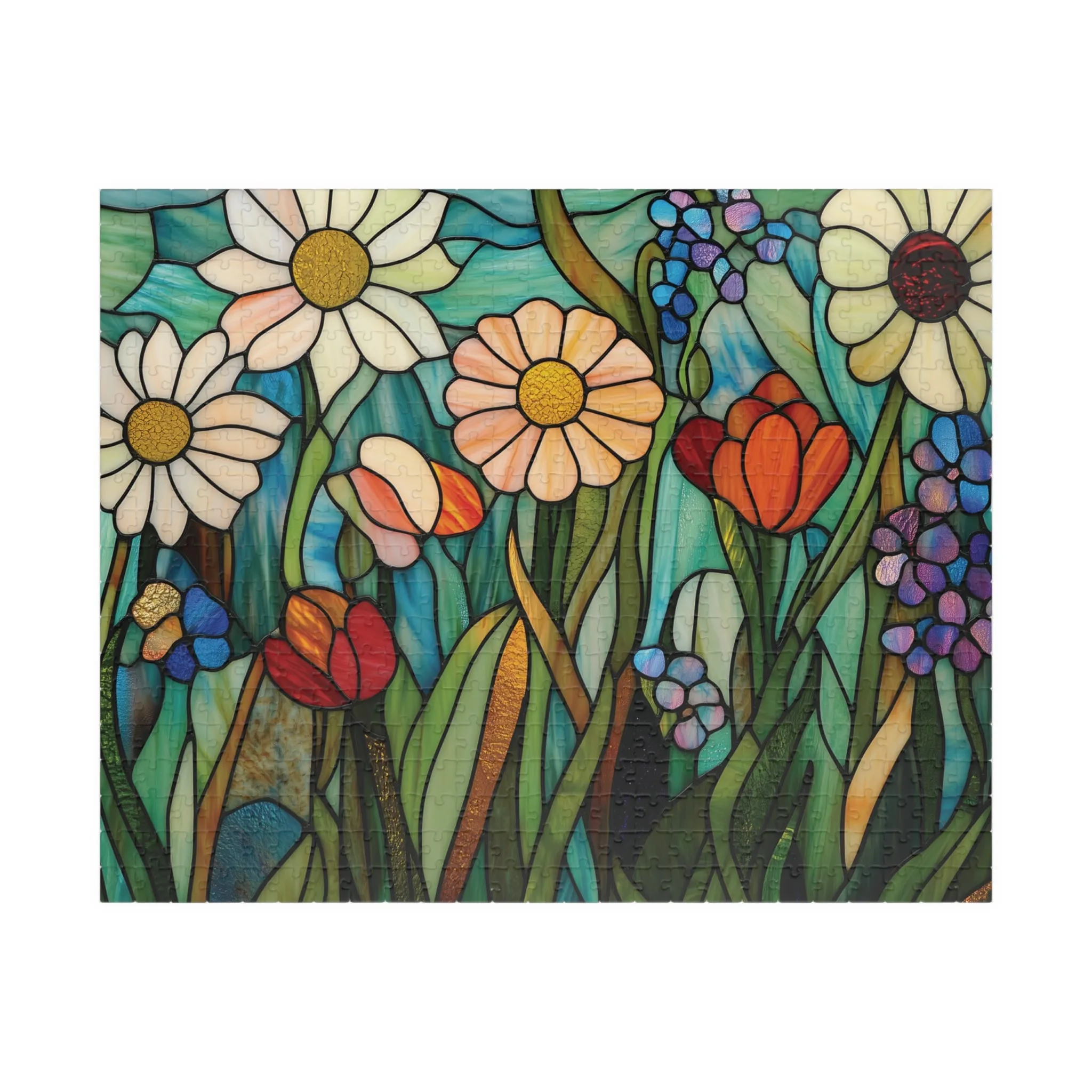 Faux Stained Glass Style Wildflower Puzzle, Vibrant Floral Design, Jigsaw Puzzle, Daisy Poppy Bluebell, Ethereal Effect, Nature Meadow Theme