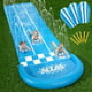 Lavinya Slip and Slide Patio Toy - Water Slide Sprinkler 3 Bodyboards Backyard Waterslide Games with Double racing lanes Summer Outdoor Splash Water Toys Fun Play